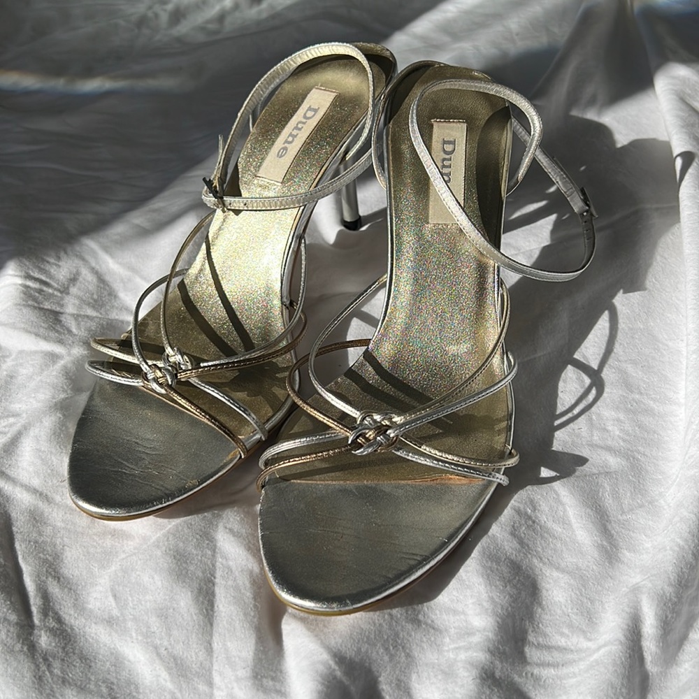 Dune - evening strappy sandals. Silver & bronze. 3” heel. Size 41.